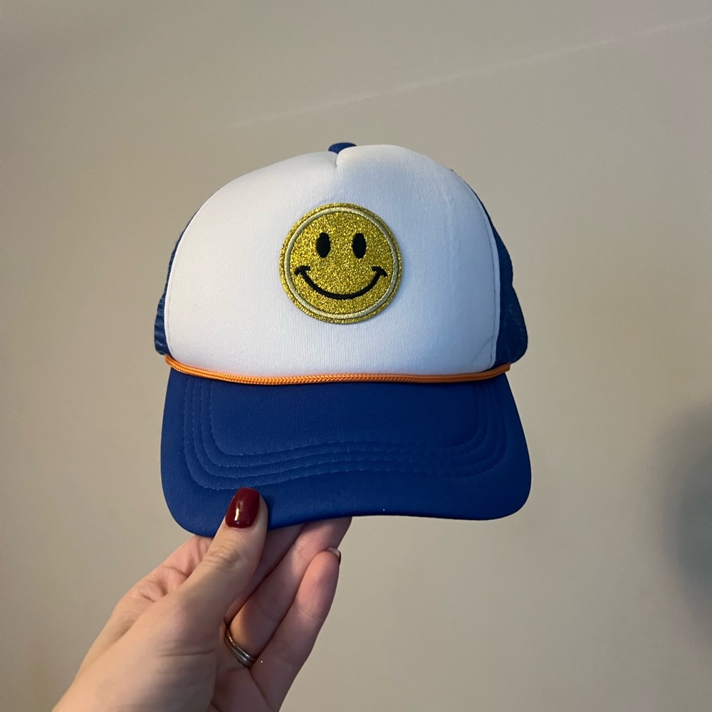 Blue and White Trucker Hat with Smiley Face